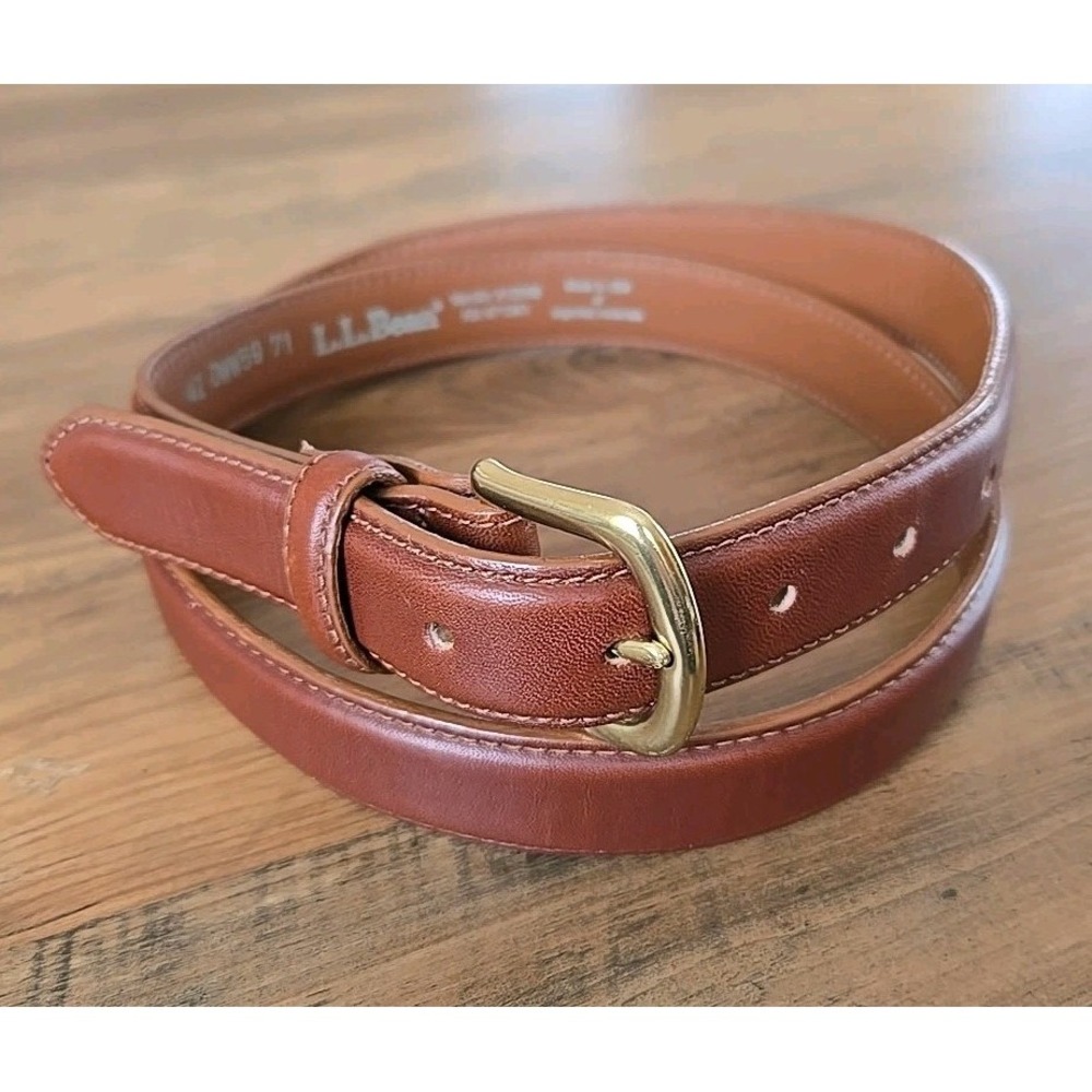 LL BEAN Men's OWW5971 Genuine Leather Brass Buckle Brown Belt USA 42 NWOT